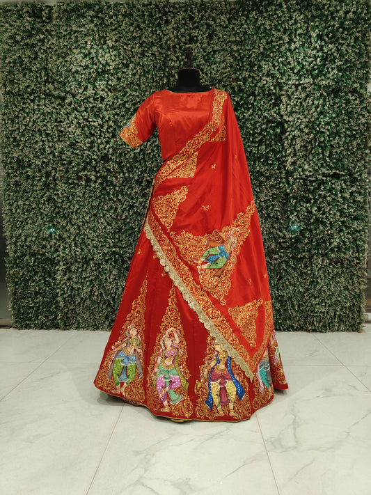 Red Hand-Painted Pattachitra Silk Lehenga Set with Dupatta 