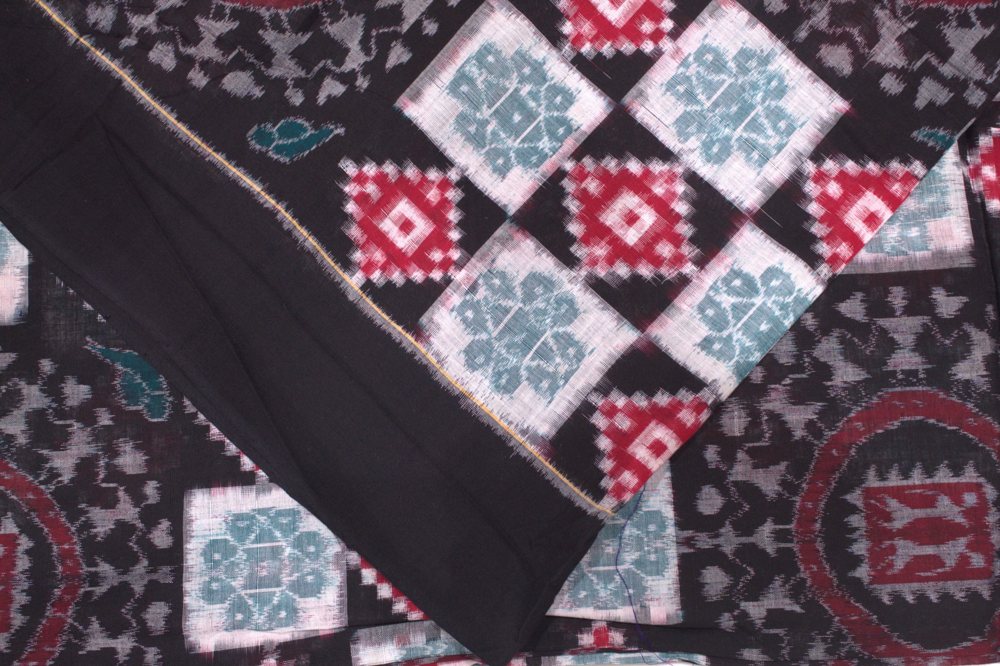Black With Red Pasapalli Motif Sambalpuri Ikat Cotton Fabric