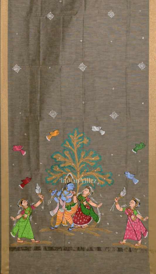 Gray Radha Krishna & Gopis Raslila Hand-Painted Patachitra Chanderi Dupatta