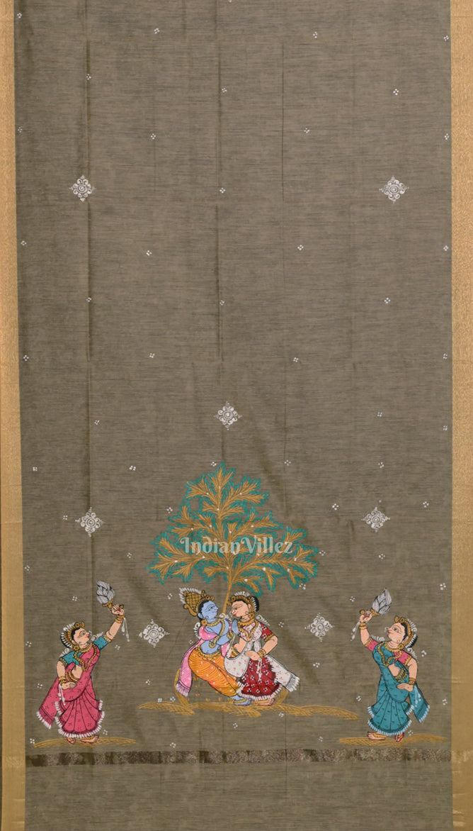 Gray Radha Krishna Raslila Hand-Painted Patachitra Chanderi Dupatta