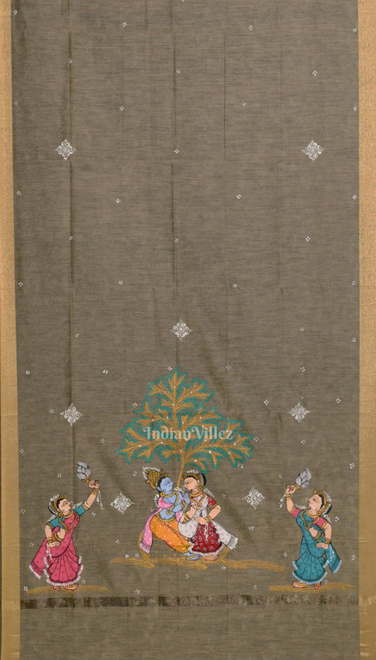 Gray Radha Krishna Raslila Hand-Painted Patachitra Chanderi Dupatta