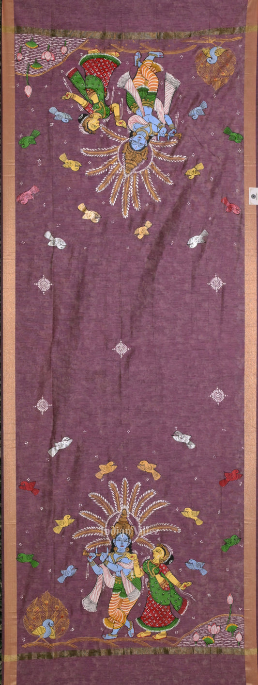 Baby Pink radha Krishna Raas Leela Theme Patachitra Chanderi Dupatta 