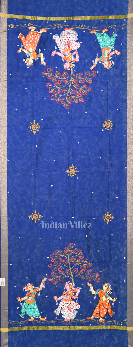 Blue Nartaki  Theme Hand-Painted Pattachitra Chanderi Dupatta