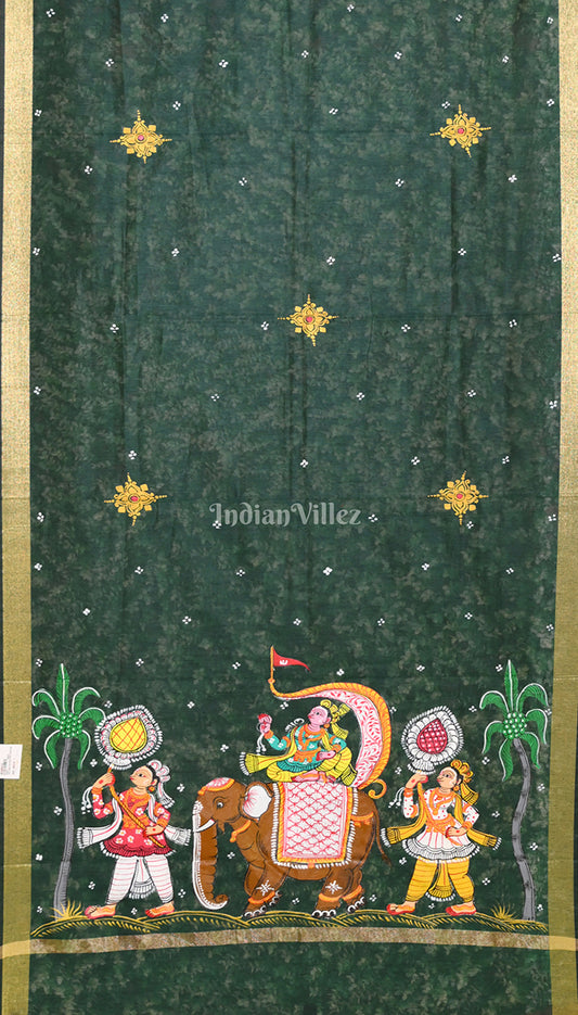 Green Kandarpa Hati (Elephant)  Hand-Painted Pattachitra Chanderi Dupatta