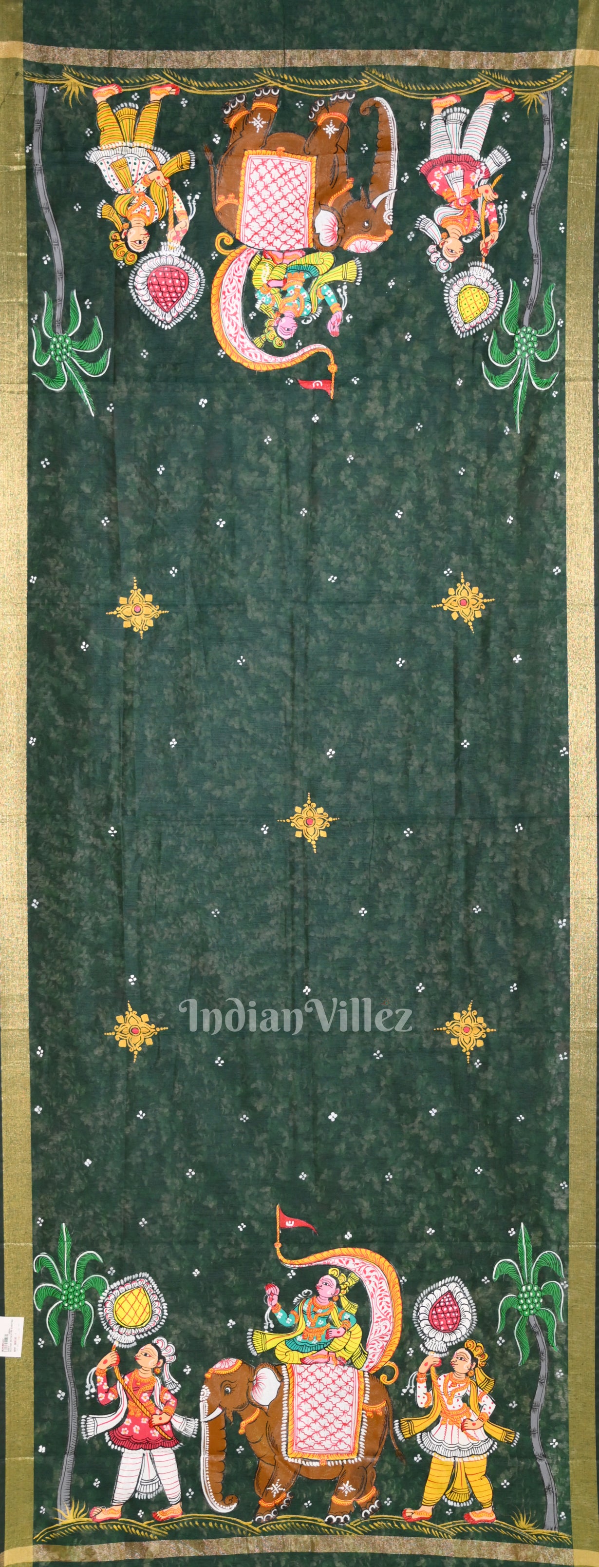 Green Kandarpa Hati (Elephant)  Hand-Painted Pattachitra Chanderi Dupatta