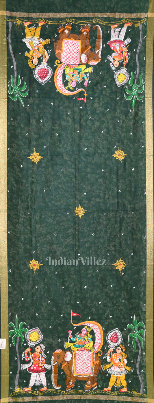 Green Kandarpa Hati (Elephant)  Hand-Painted Pattachitra Chanderi Dupatta