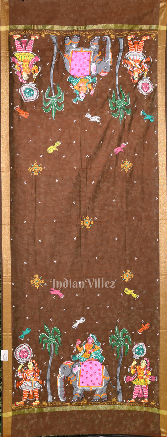Coffee Brown Kandarpa Hati (Elephant) Pattachitra Chanderi Dupatta