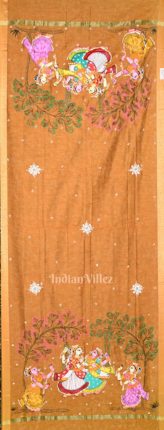 Mustard Yellow Raja Doli Theme Hand-Painted Pattachitra Chanderi Dupatta 