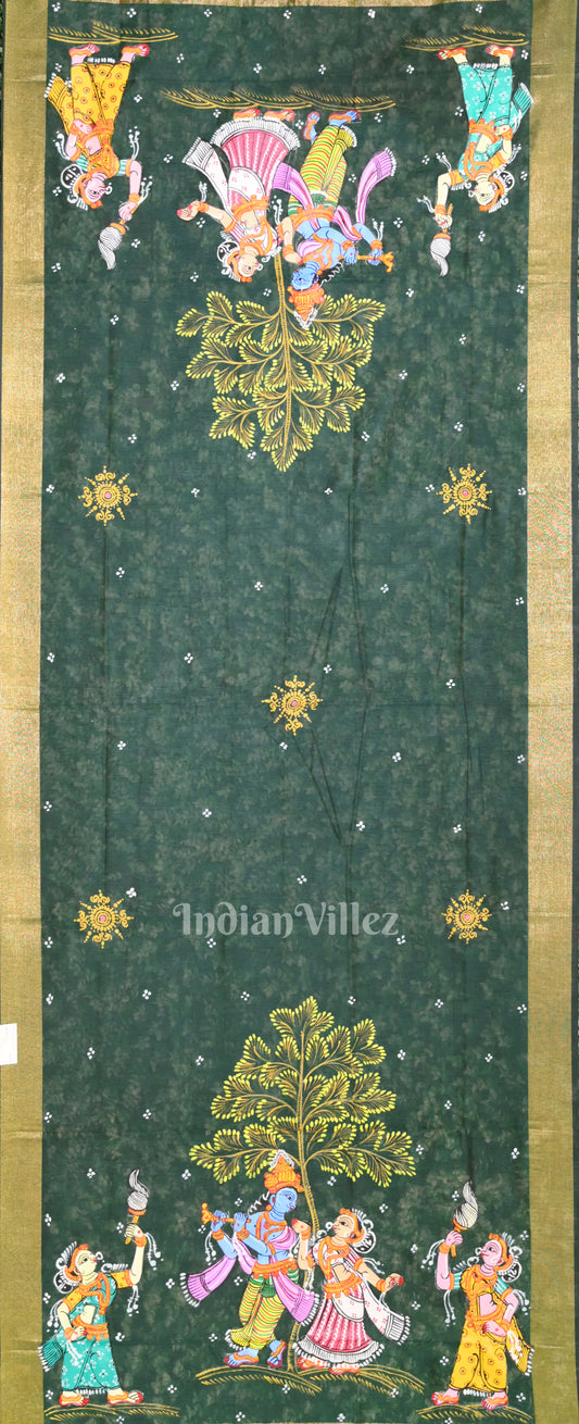 Bottle Green Radha Krishna Hand-Painted Pattachitra Chanderi Dupatta 