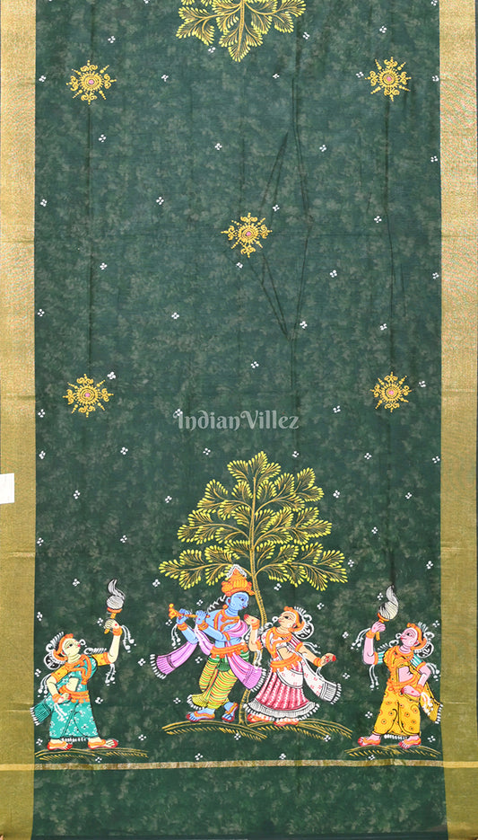 Bottle Green Radha Krishna Hand-Painted Pattachitra Chanderi Dupatta