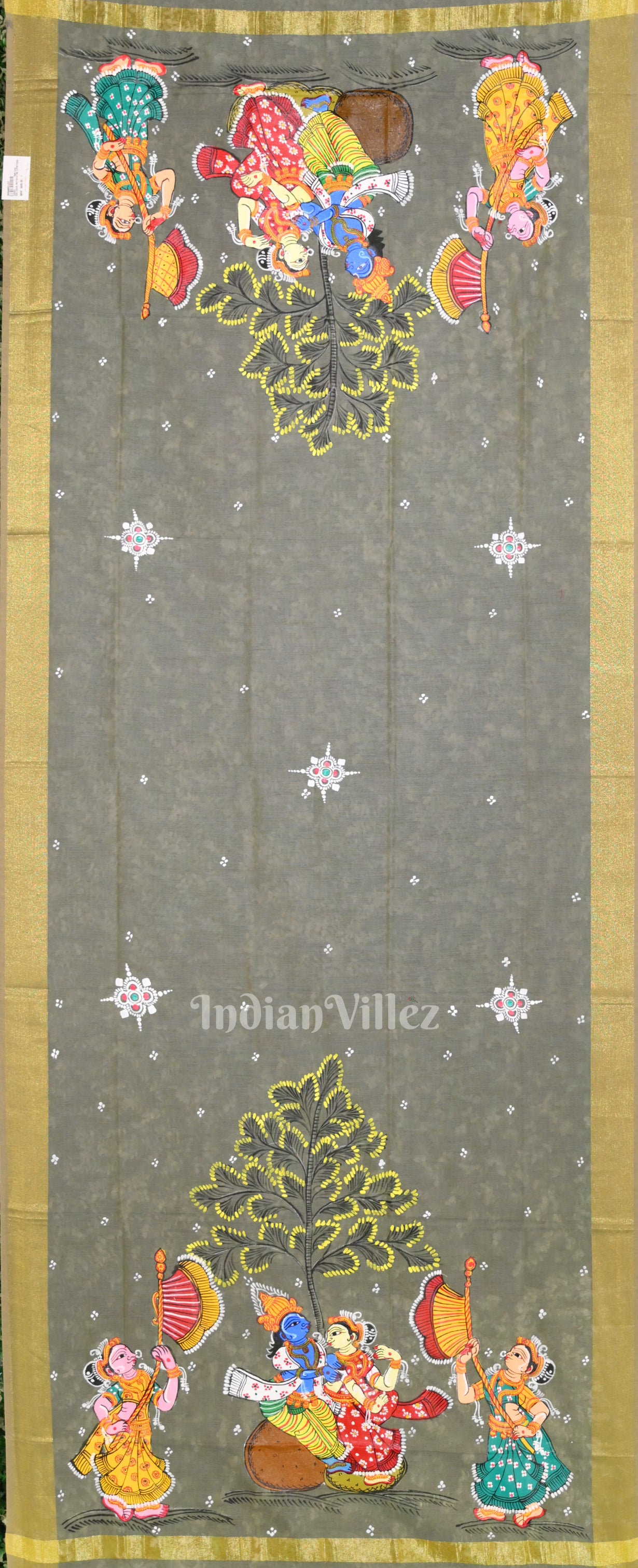 Cream Gray  Radha Krishna Raas Leela  Hand-Painted Pattachitra Chanderi Dupatta 