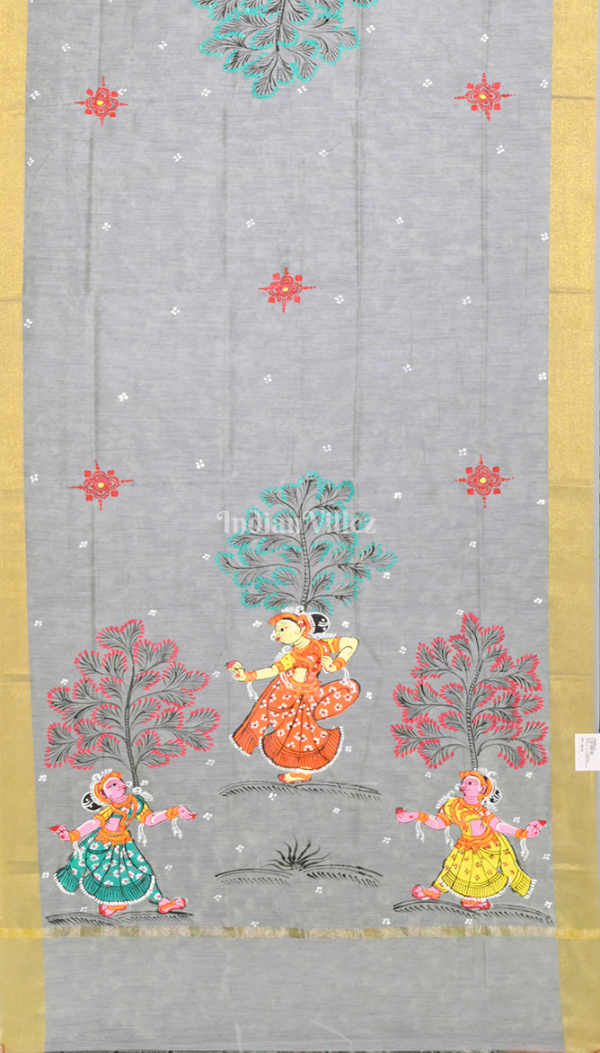 Cement Grey Nartaki Hand-Painted Pattachitra Chanderi Dupatta