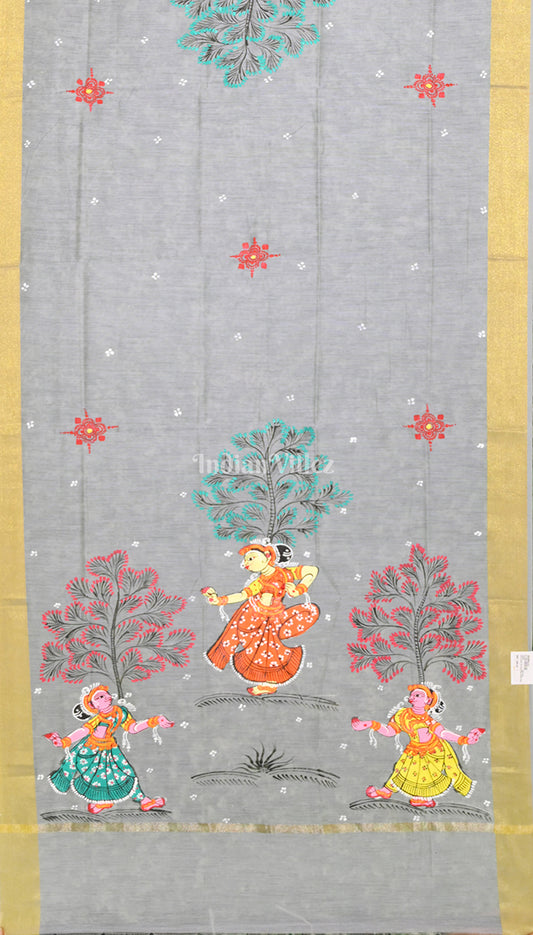 Cement Grey Nartaki Hand-Painted Pattachitra Chanderi Dupatta