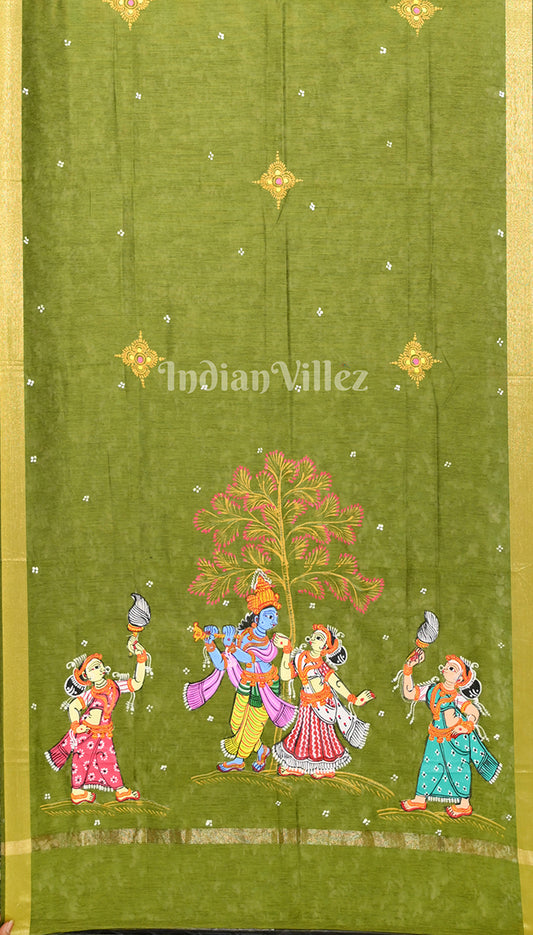 Mehendi Green Raas Leela Pattachitra Chanderi Dupatta