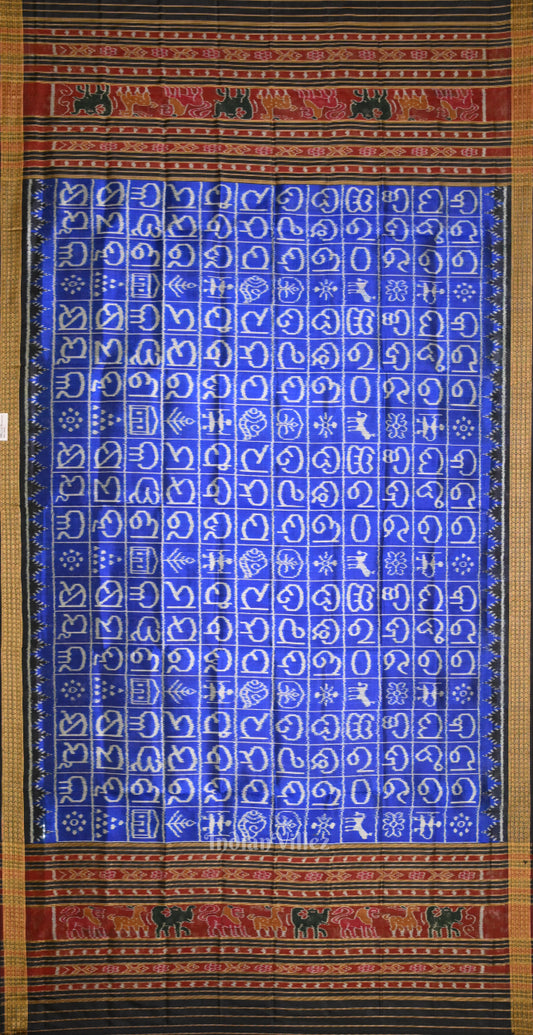 Blue Odia Varnamala Odisha Ikat Pure Sambalpuri Silk Dupatta 
