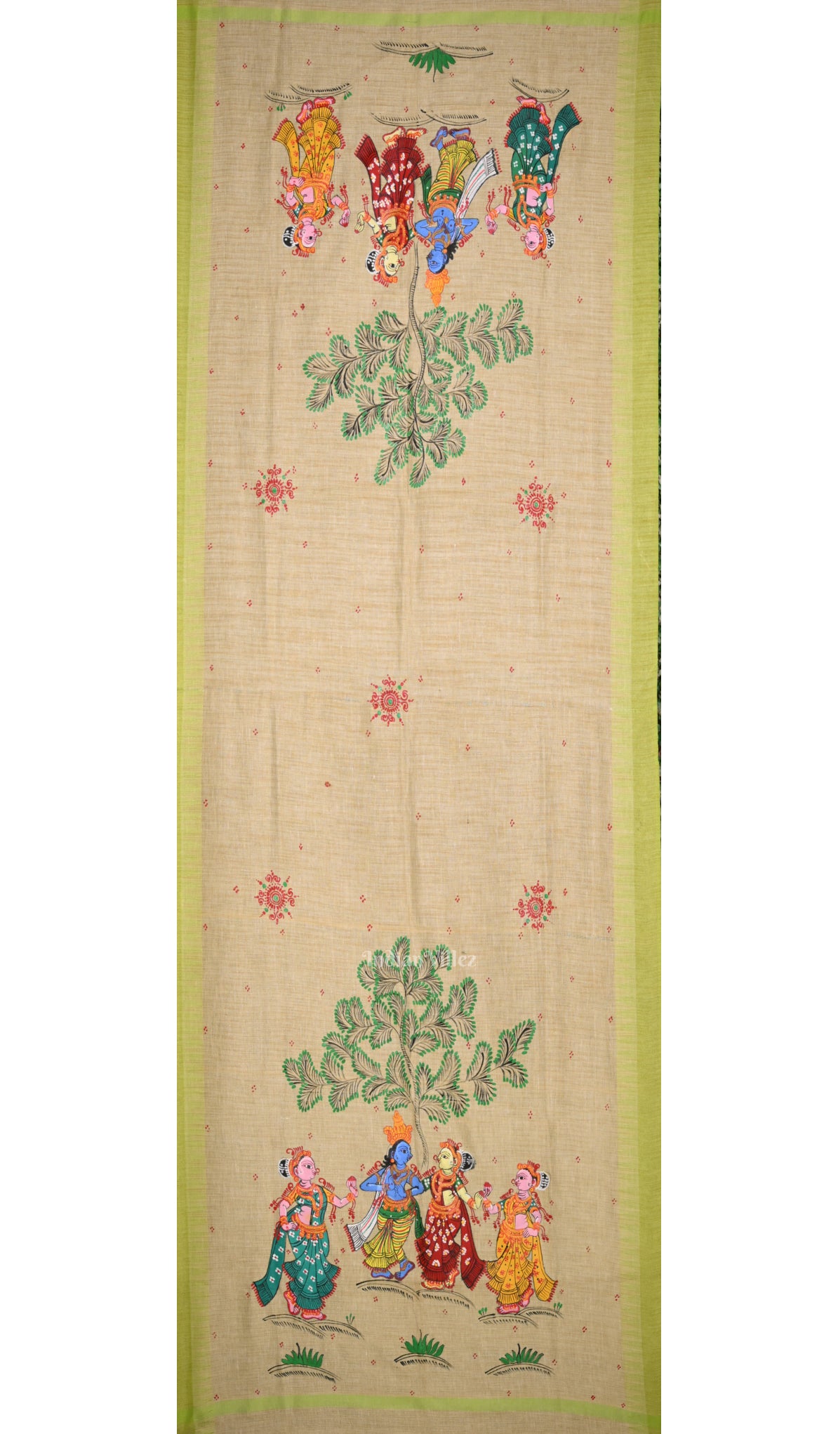 Cream Parrot Green Radha Krishna  Hand-Painted Tussar Pattachitra Dupatta