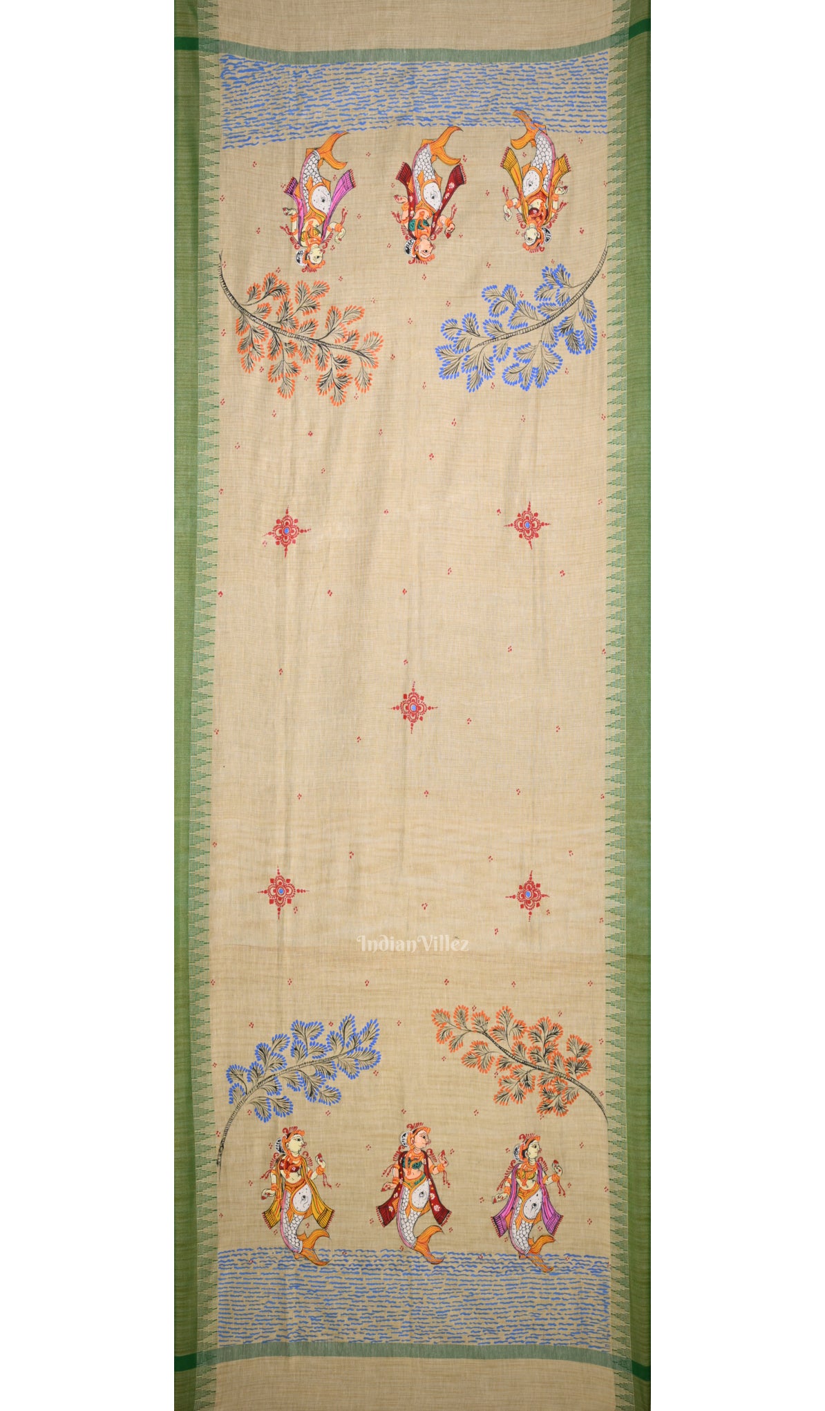 Cream Green Mastya Kanya Hand-Painted Tussar Pattachitra Dupatt