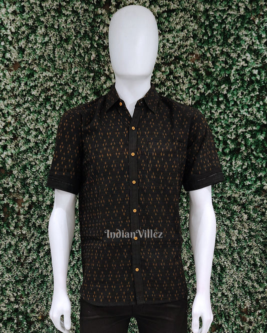 Black Shape Odisha Ikat Cotton Half Sleeve Shirt for Men
