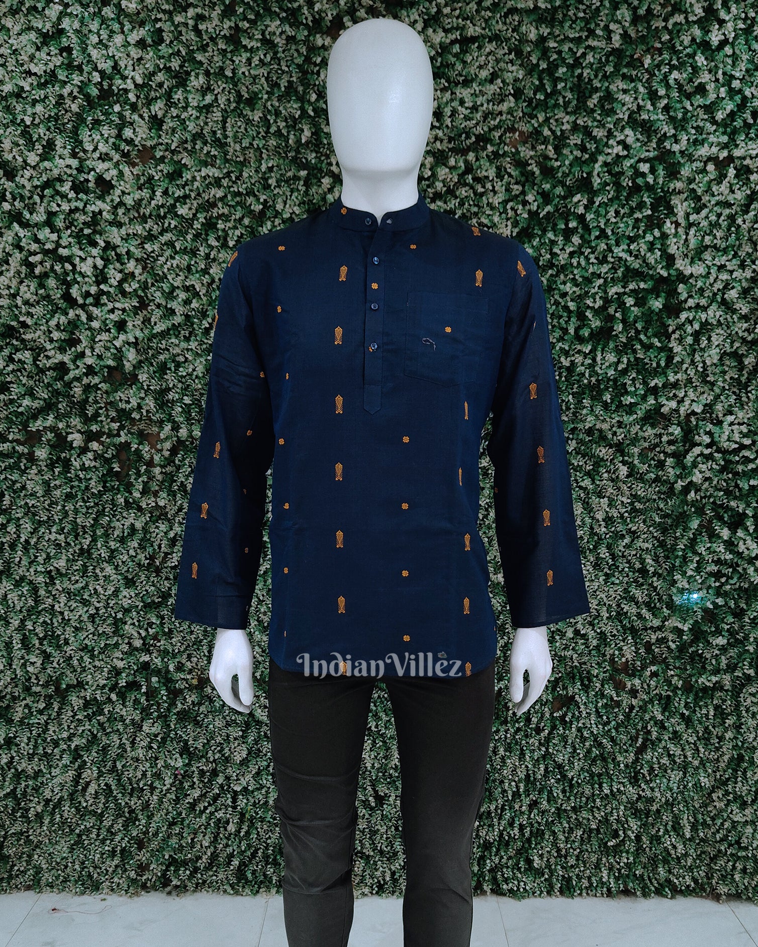 Blue Fish Motif Odisha Ikat Cotton Kurta for Men