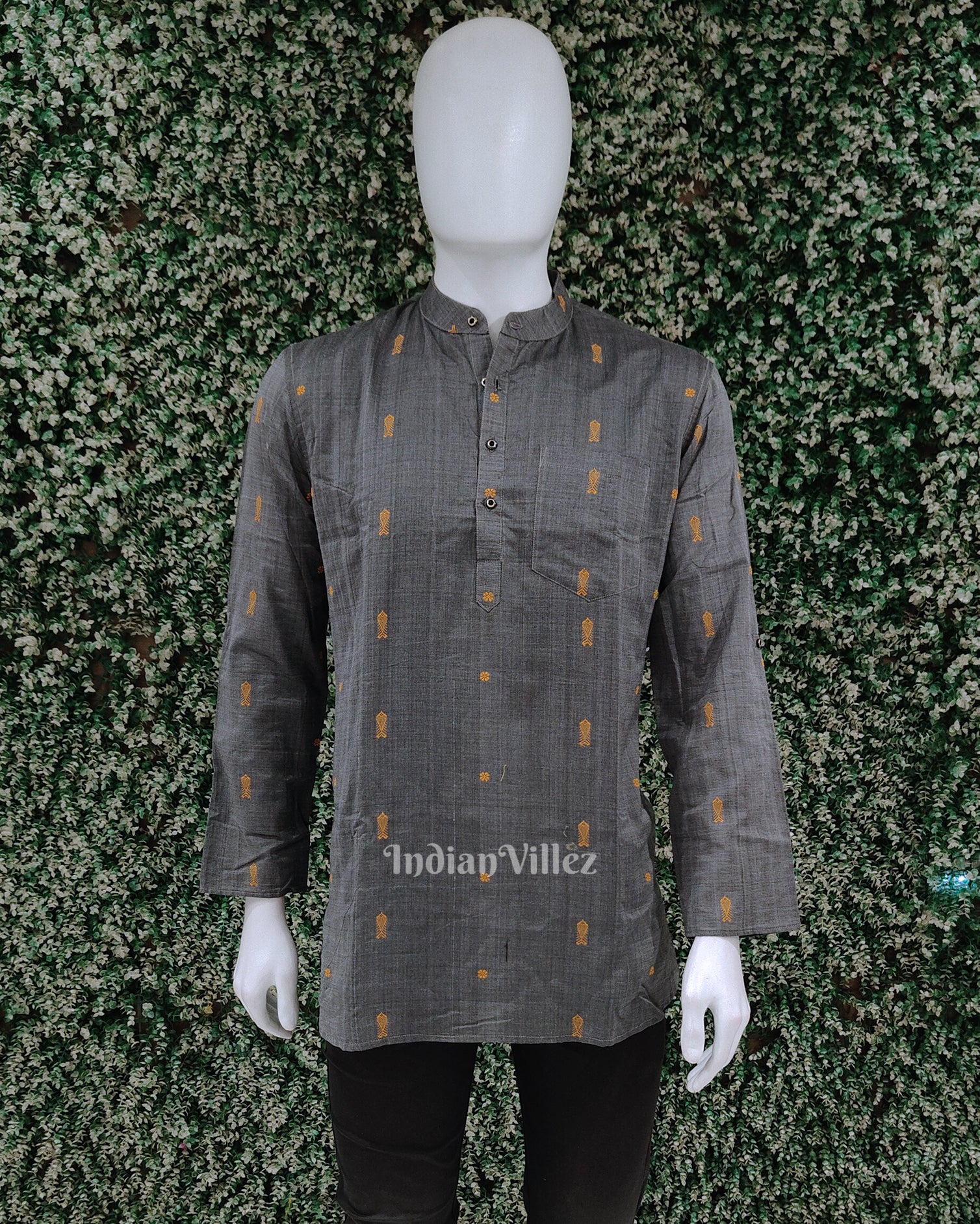 Grey Fish Motif Odisha Ikat Cotton Kurta for Men 