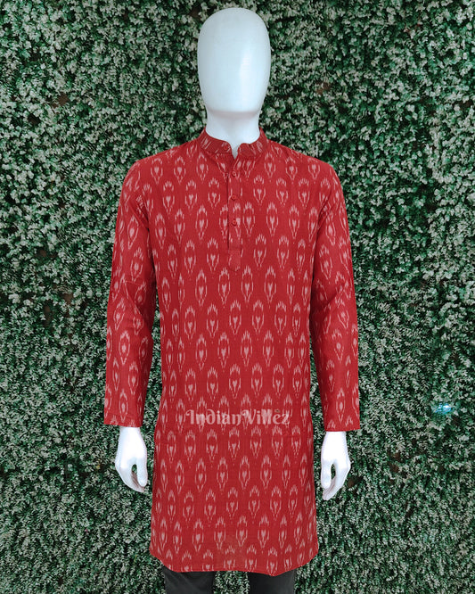 Red Pochampally Ikat Cotton Kurta for Men 