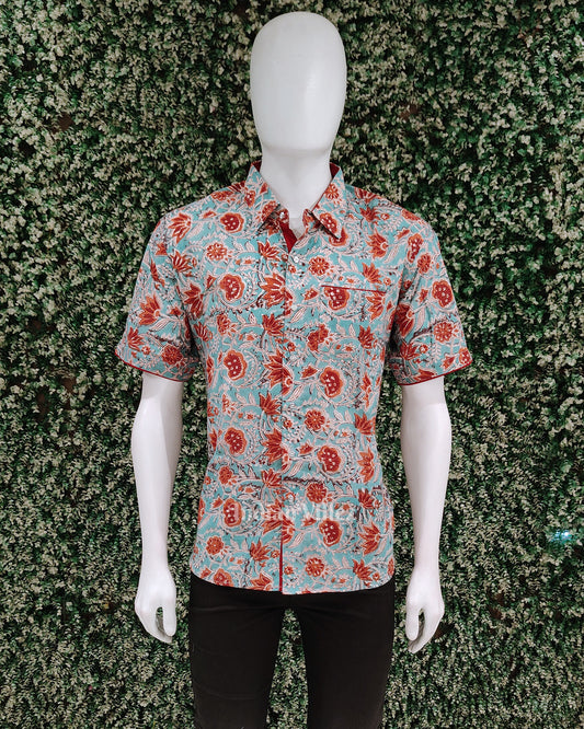 Light Blue Flower Design Block Printed Half Sleeve Shirt for Men 