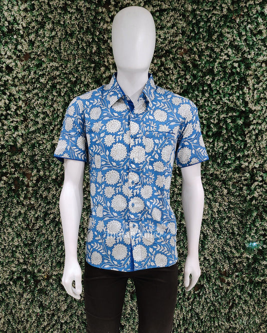 Navy Blue With White Flower Cotton Block Printed Half Sleeve Shirt for Men