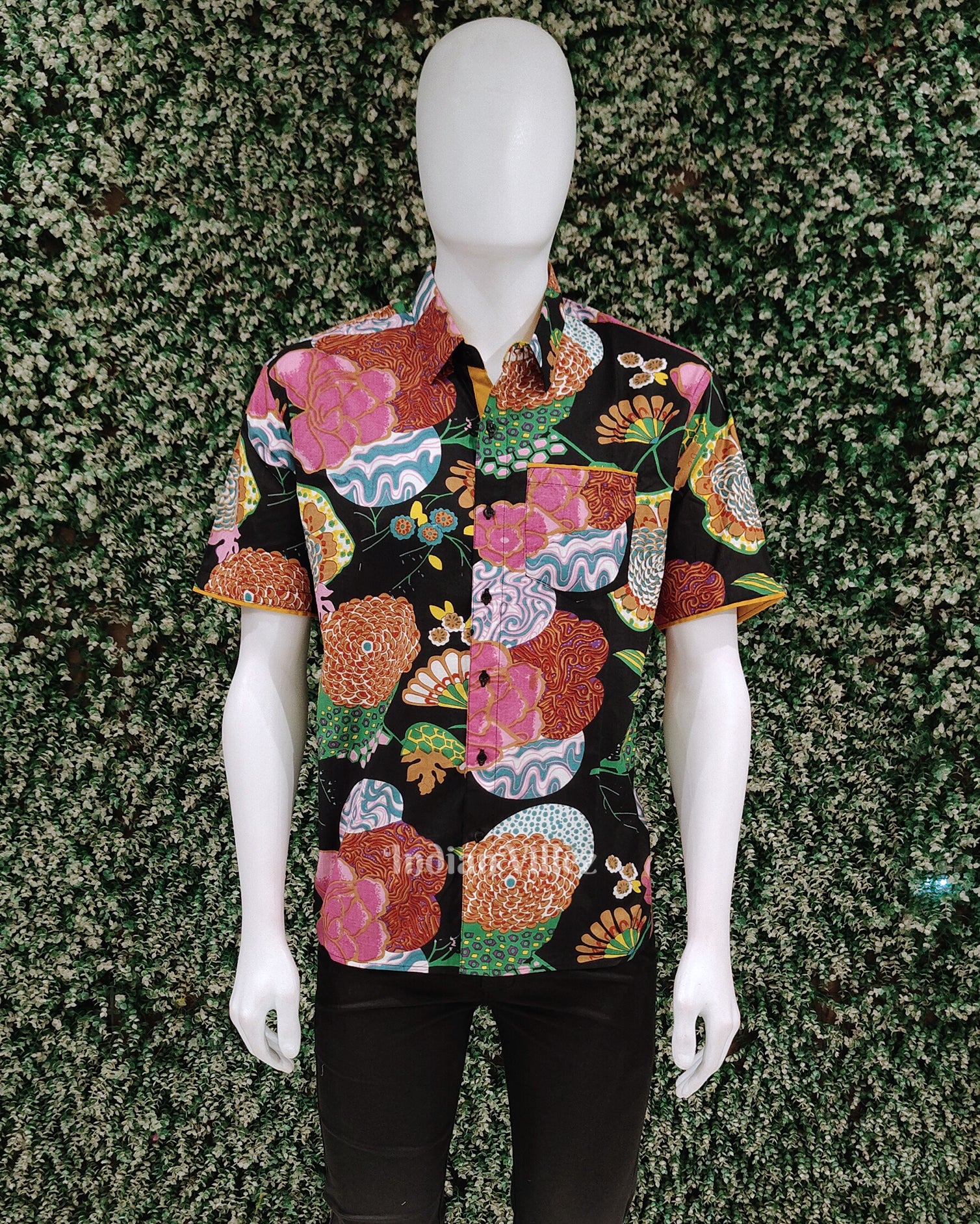 Black with Multicolored Flower Cotton Block Printed Half Sleeve Shirt for Men