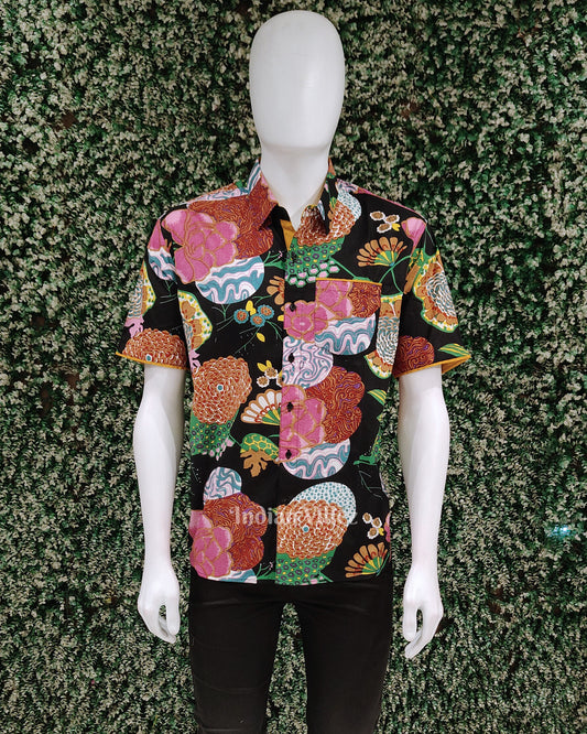 Black with Multicolored Flower Cotton Block Printed Half Sleeve Shirt for Men