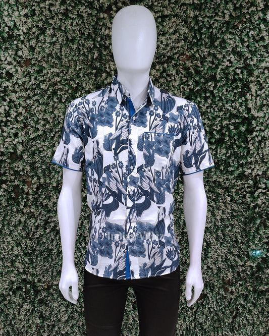 Sky Blue Bird Design Block Printed Half Sleeve Shirt for Men