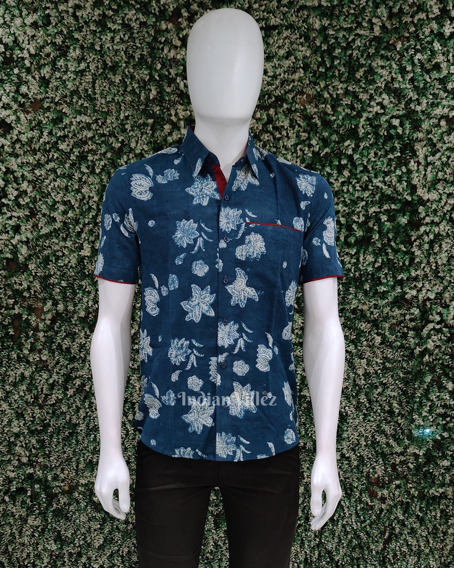 Deep Blue With White Flower Cotton Block Printed Half Sleeve Shirt for Men
