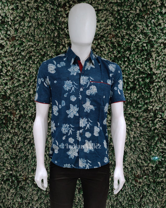 Deep Blue With White Flower Cotton Block Printed Half Sleeve Shirt for Men