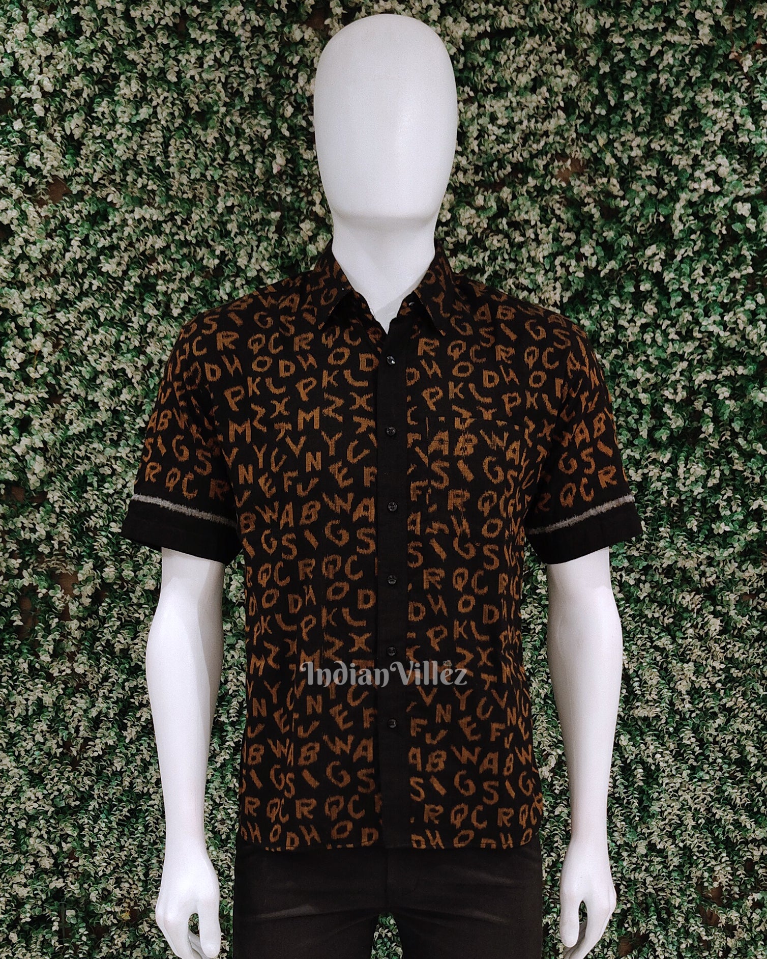 Black  English Alphabet Odisha Ikat Cotton Half Sleeve Shirt for Men 