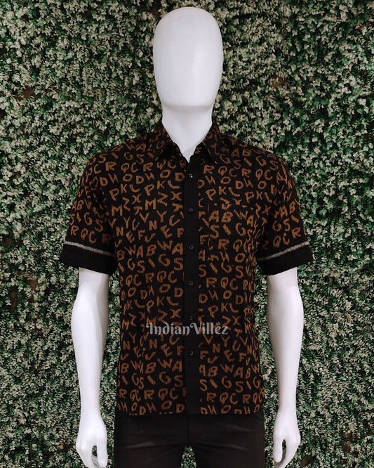 Black  English Alphabet Odisha Ikat Cotton Half Sleeve Shirt for Men 