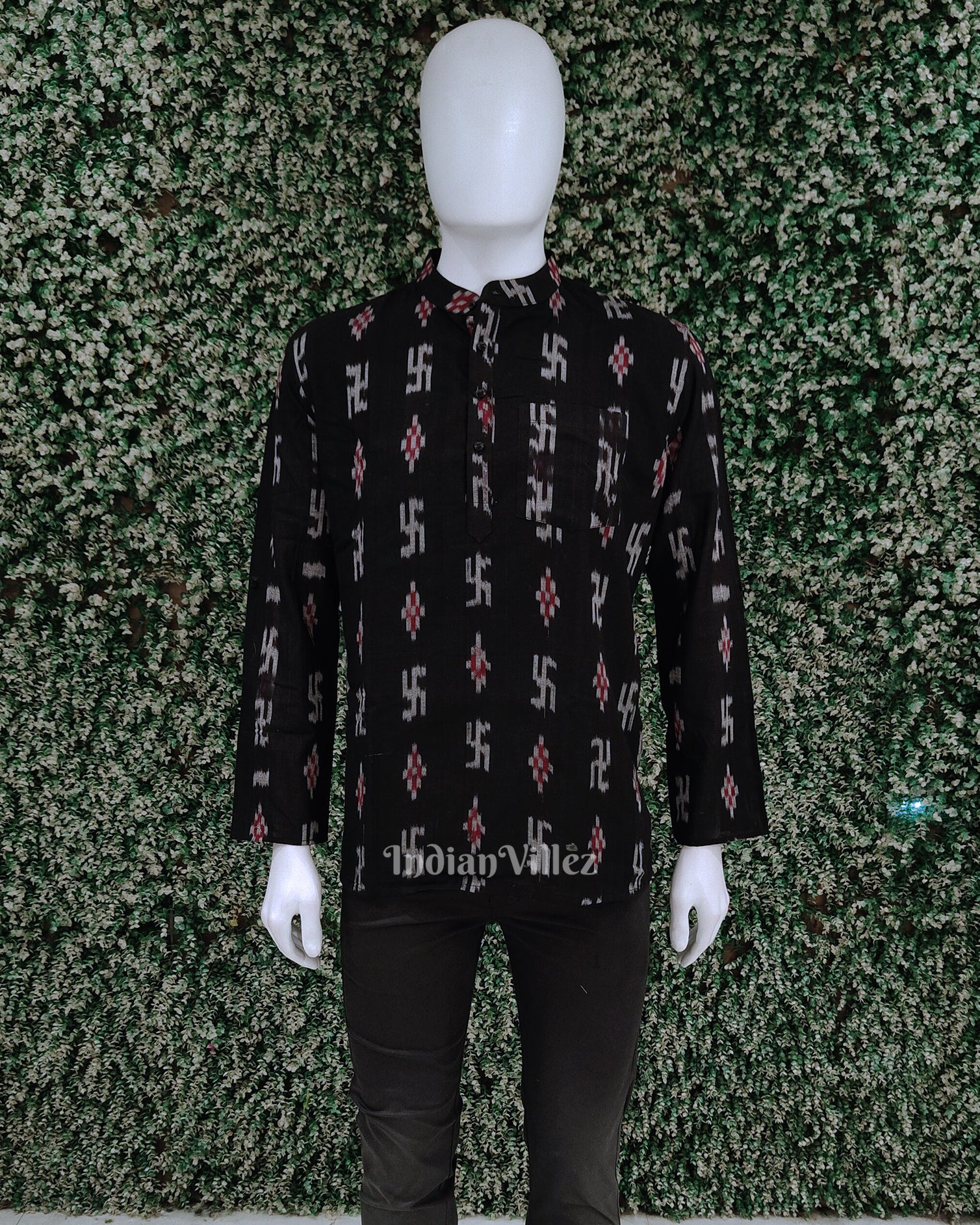 Black Swastik Odisha Ikat Cotton Kurta for Men 