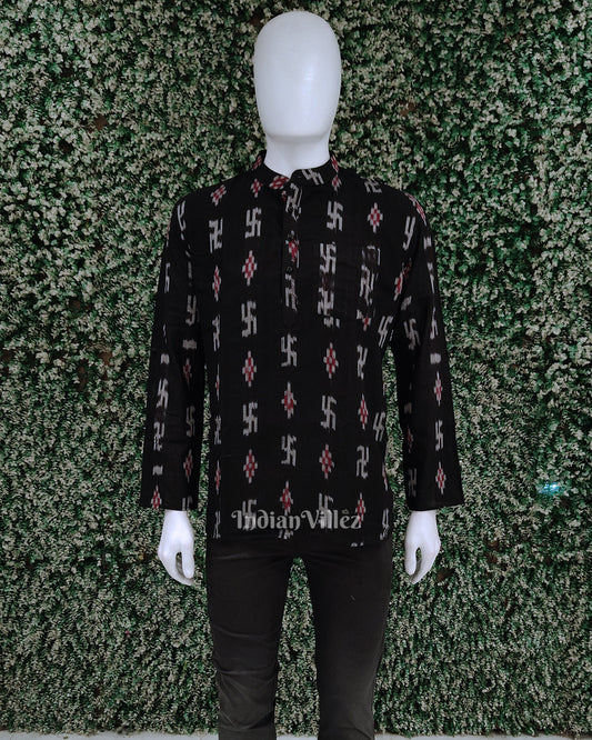 Black Swastik Odisha Ikat Cotton Kurta for Men 