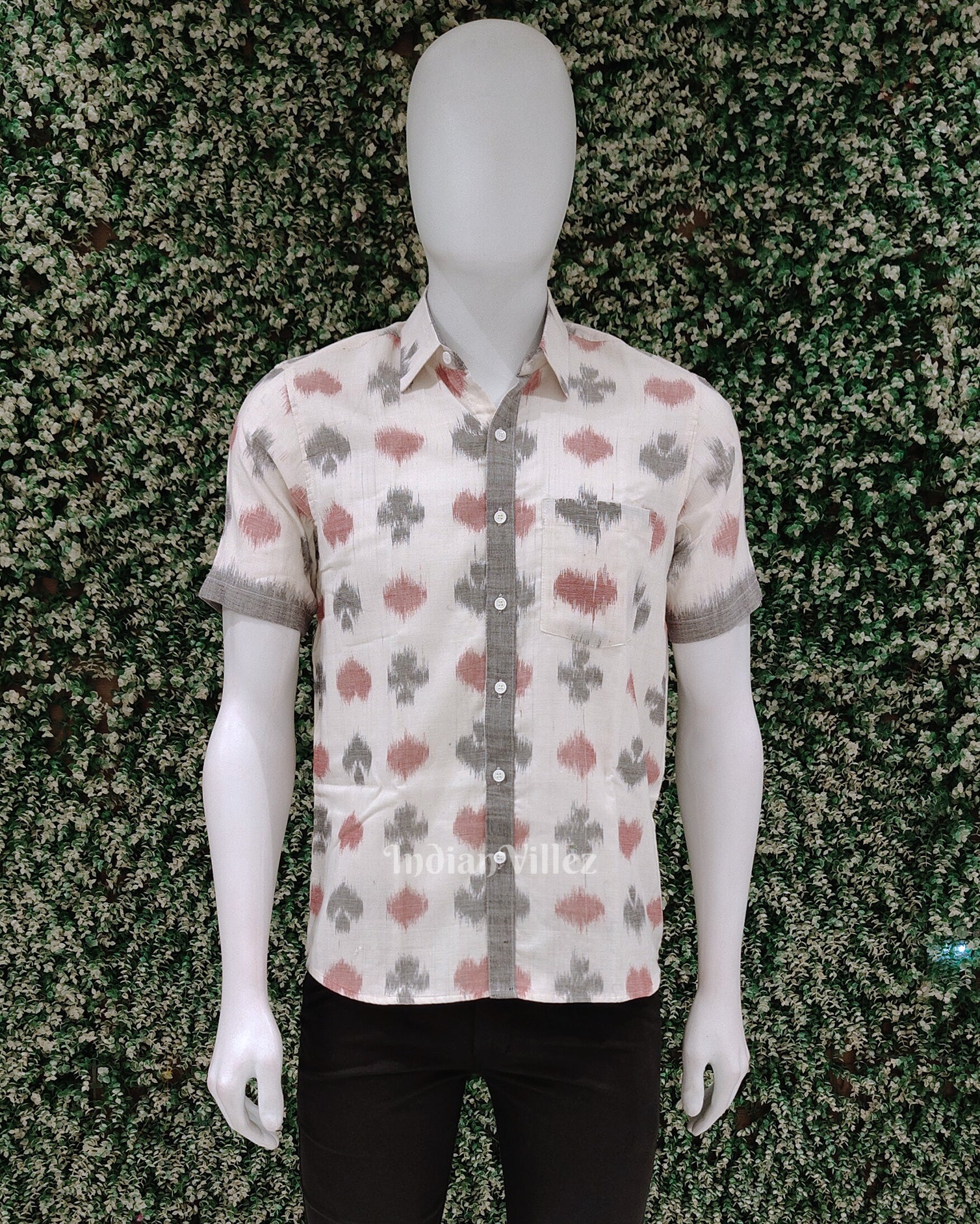 White Grey Odisha Ikat Cotton Half Sleeve Shirt for Men 