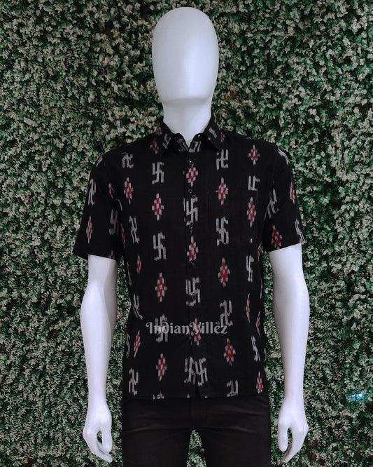 Black Swastik Odisha Ikat Cotton Half Sleeve Shirt for Men 