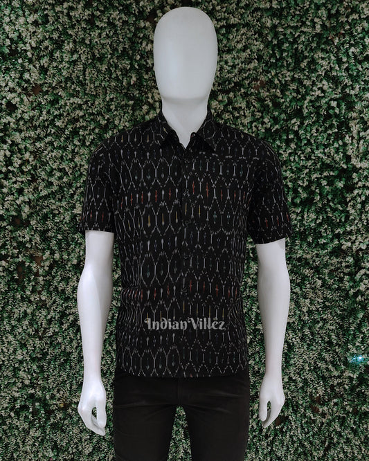 Black Pochampally  Ikat Cotton Half Sleeve Shirt for Men