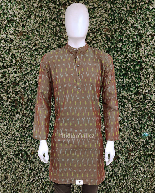 Olive Green Dual Tone Pochampally Ikat Silk & Cotton (Sico)  Kurta For Men