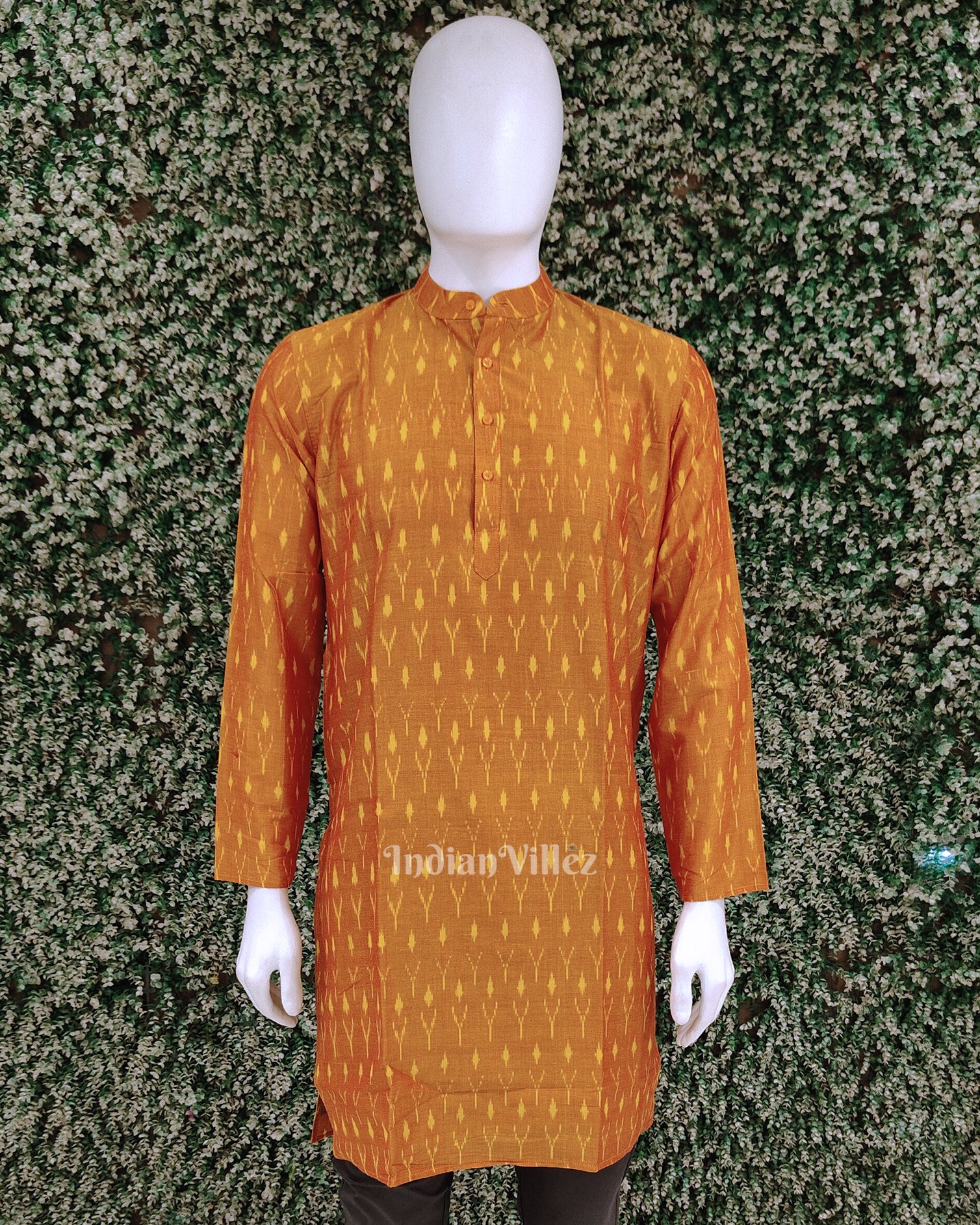 Mustard Yellow Pochampally Ikat Silk & Cotton (Sico)  Kurta For Men 