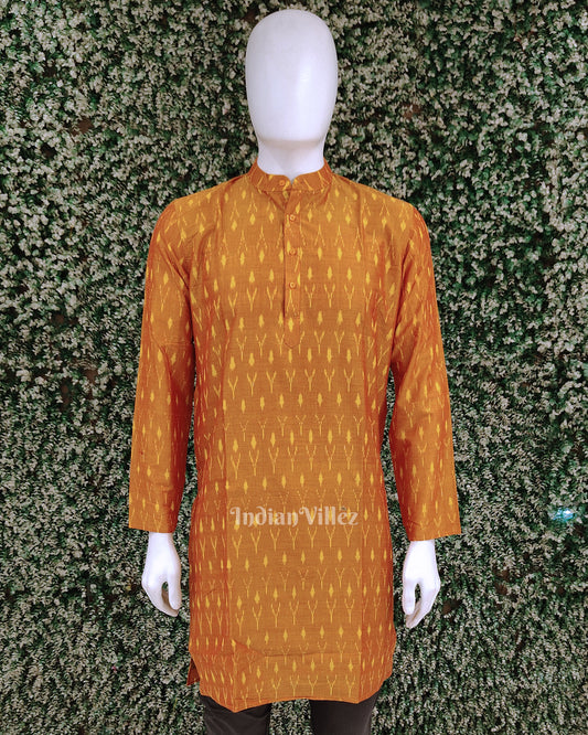 Mustard Yellow Pochampally Ikat Silk & Cotton (Sico)  Kurta For Men 