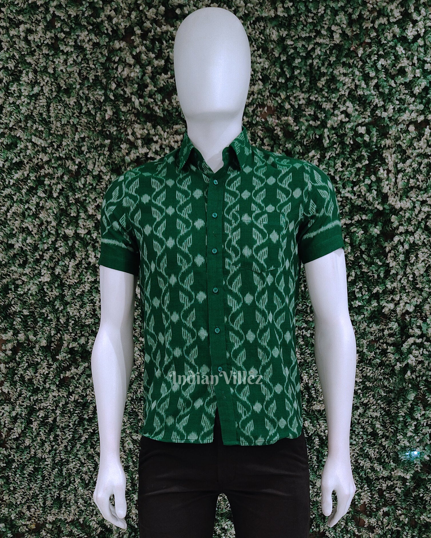 Green Odisha Ikat Cotton Half Sleeve Shirt for Men