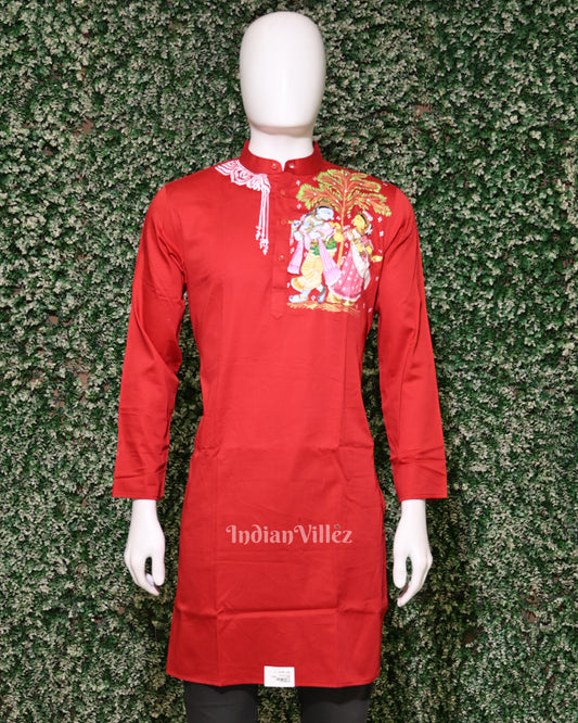 Red Radha Krishna Hand-Painted Pattachitra Kurta