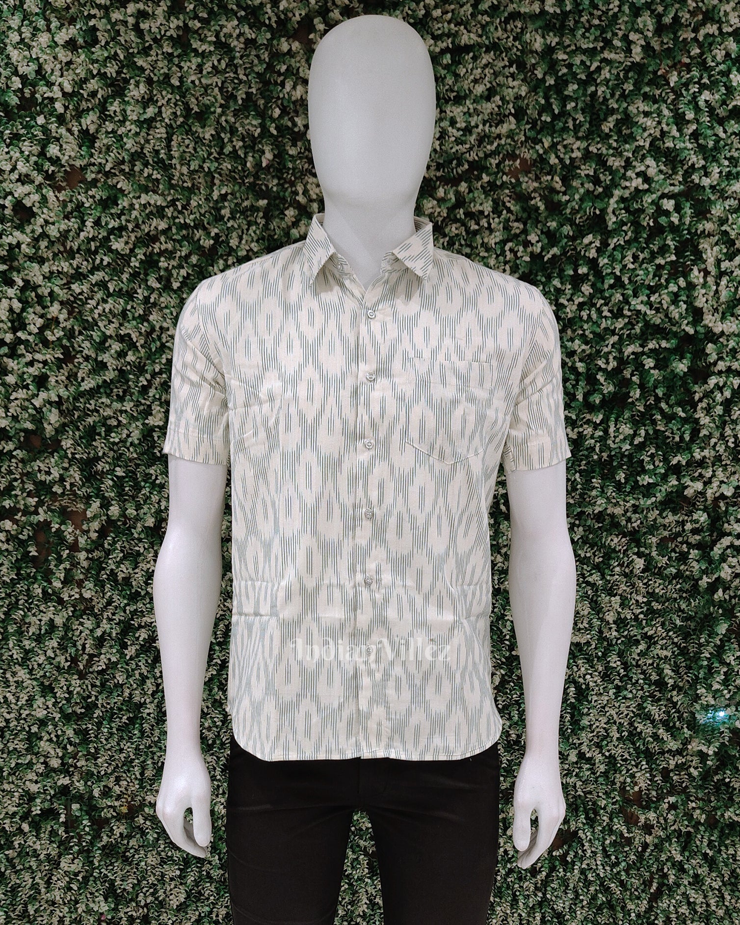 White Green Pochampally Ikat Cotton Half Sleeve Shirt for Men