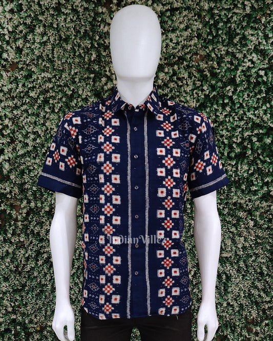 Blue Pasapali Odisha Ikat Cotton Half Sleeve Shirt for Men 