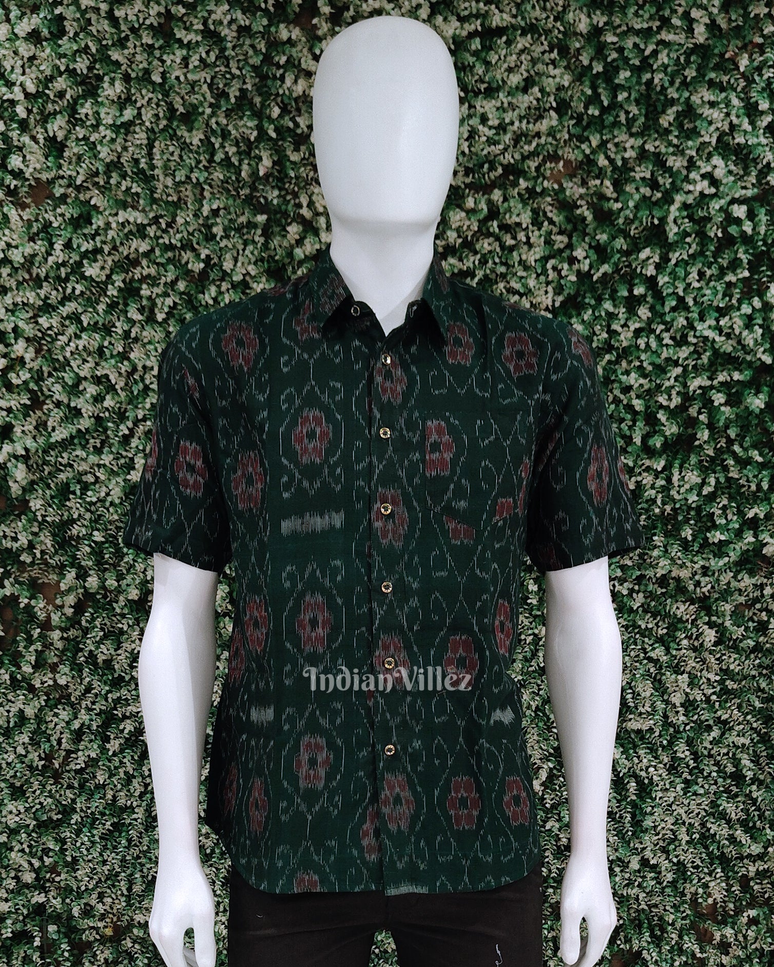 Green Pasapali Flower Odisha Ikat Cotton Half Sleeve Shirt for Men