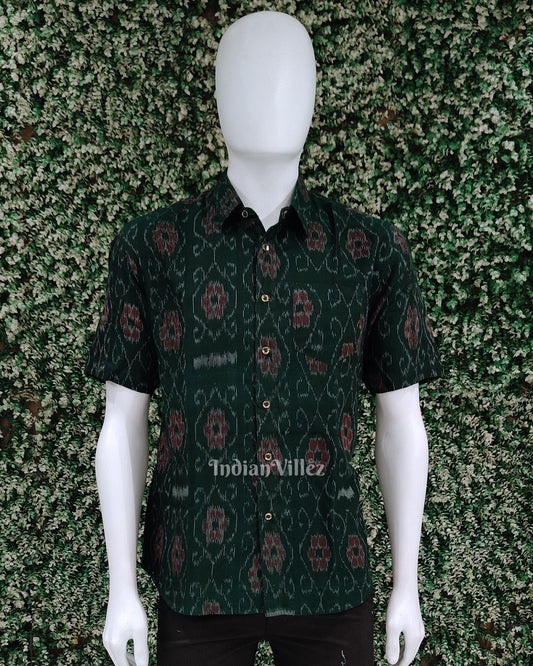 Green Pasapali Flower Odisha Ikat Cotton Half Sleeve Shirt for Men