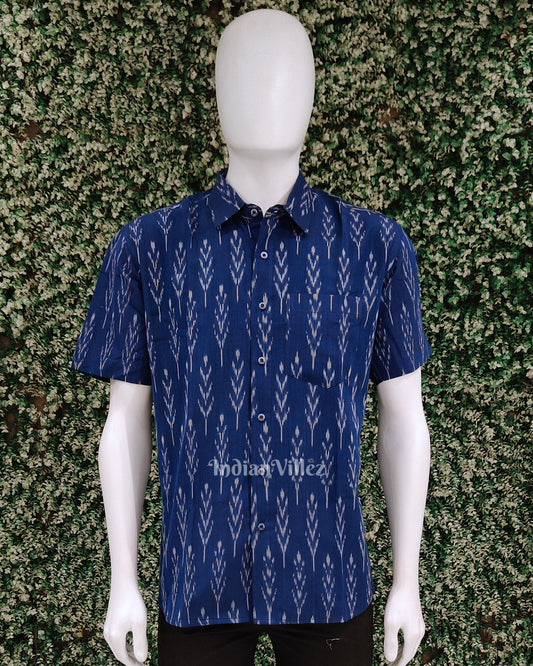 Royal Blue Pochampally Ikat Cotton Half Sleeve Shirt for Men
