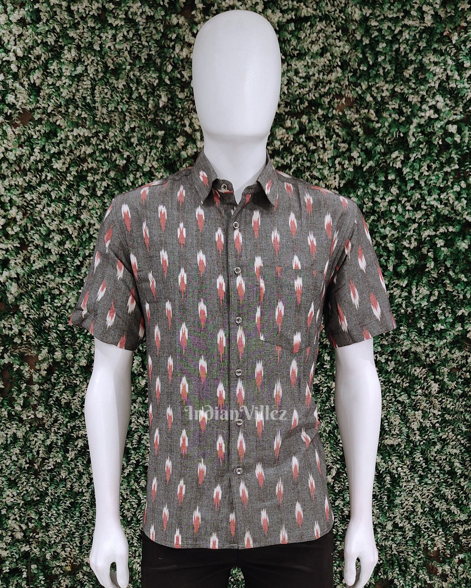 Grey Tipa Design Odisha Ikat Cotton Half Sleeve Shirt for Men